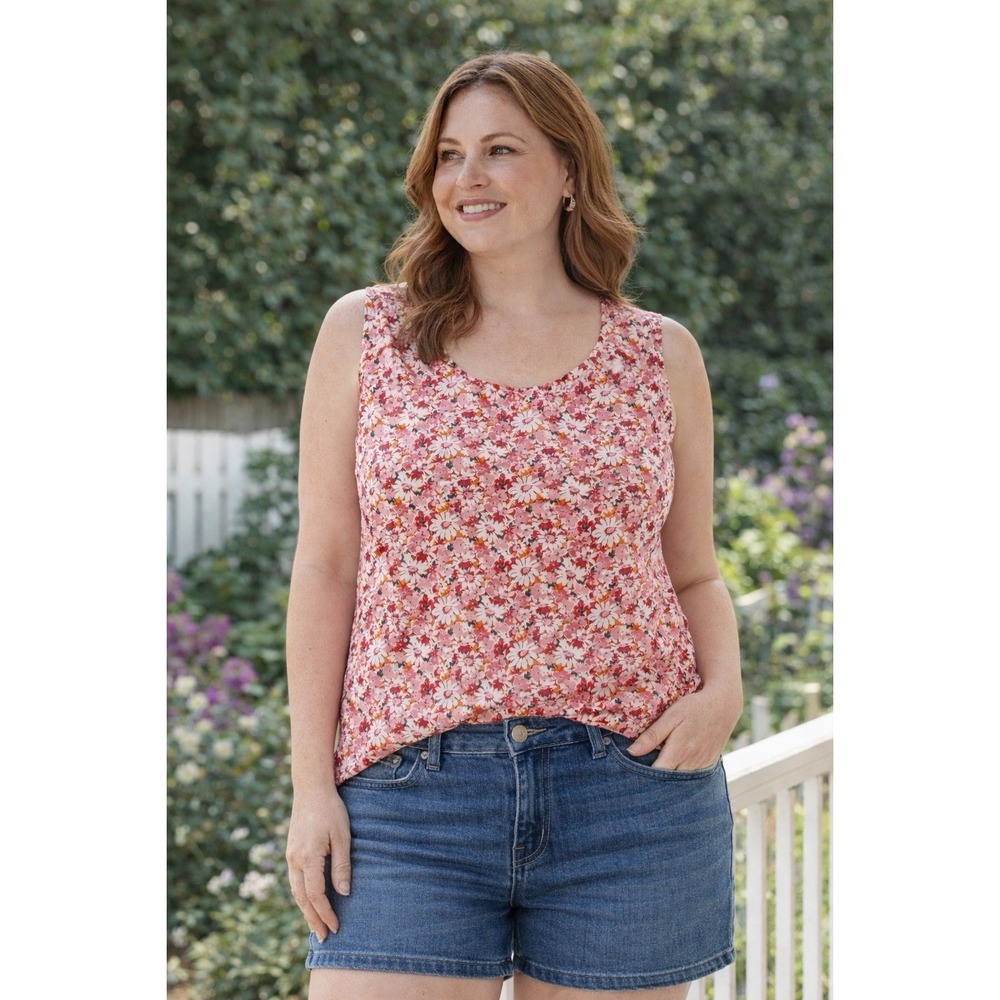 Liz Claiborne Woman 1X Floral Sleeveless‎ Top Pink Red Daisy Stretch Cottagecore